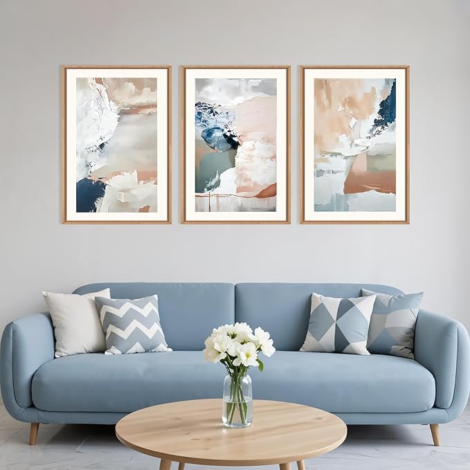 Large Abstract Brush Strokes Framed Canvas Wall Art,Neutral Navy Blue Wall Decor,Modern Pastel Wall Painting,Grey White Toned Artwork for Living Room,Bedroom,Dining Room,Office -16"x24"x3