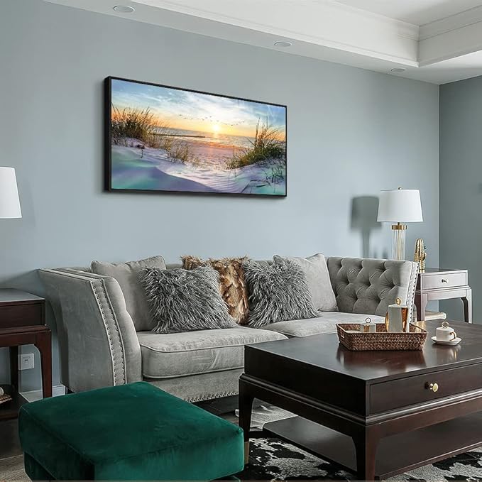Black Wood Framed Canvas Wall Art For Living Room Large Size Wall Decor For Bedroom Ocean Beach Wall Paintings Office Decorations Sunny Sea Seascape Pictures Works Room Home Decor 20" X 40"