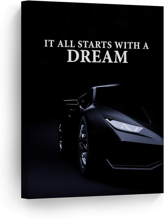 Smile Art Design It All Starts with a Dream Black Sports Car Luxury Motivational Wall Art Canvas Print Inspirational Wall Art Entrepreneur Quote Office Living Room Decor Gift Ready to Hang 17x11