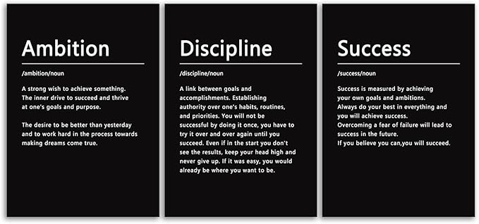 Motivational Quotes Canvas Wall Art Inspirational Discipline 3 Pieces Poster Print Motivational Ambition Success Noun Picture Painting Framed Artwork for Office Living Room Wall Decor[60" W X 28" H]