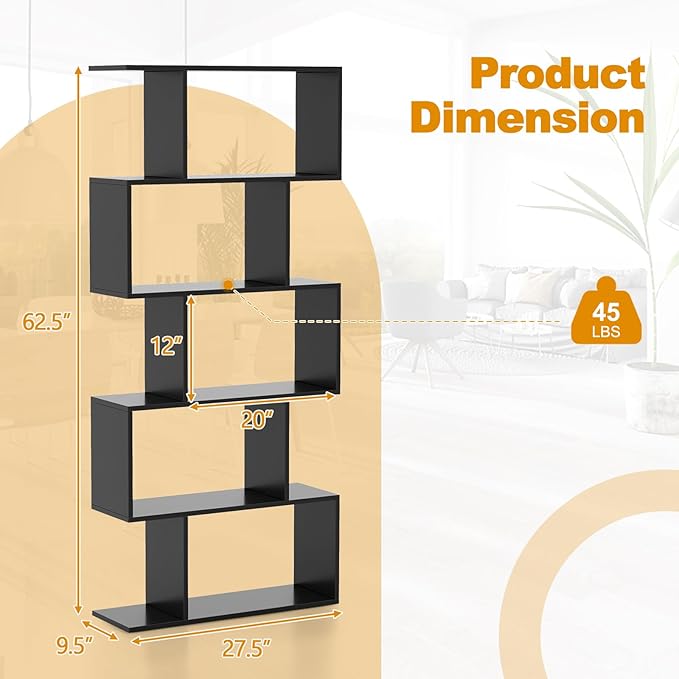 Tangkula 5-Tier Geometric Bookshelf, S Shaped Bookcase w/Anti-Toppling Device, Freestanding Room Divider, Industrial Home Office Decor Wood Open Storage Display Shelf for Living Room (1, Black)