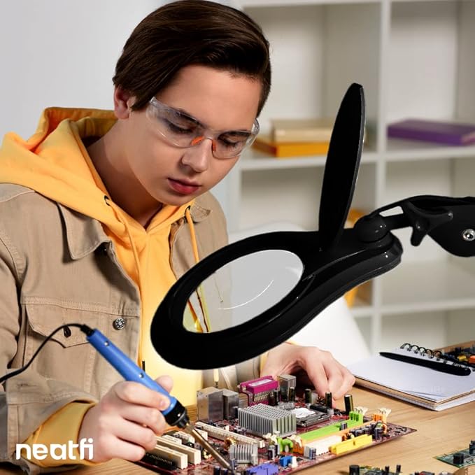 Neatfi LED Magnifying Lamp 1,200 Lumens with Clamp – 5” 8-Diopter Glass Lens, Dimmable Task Light | Adjustable Arm | Reading, Sewing & Crafting (Black, 8 Diopter)