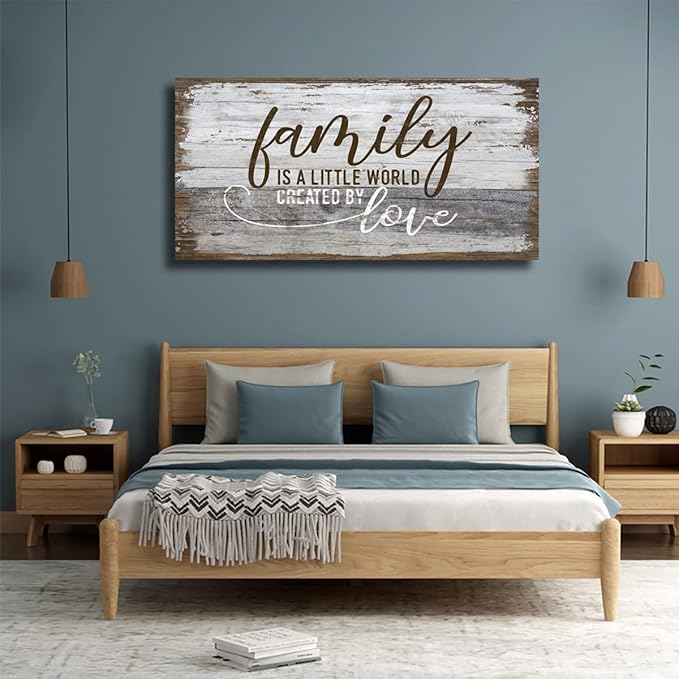 Family Is a Little World Created by Love Canvas Wall Art Rustic Letters Prints Retro Farmhouse Wooden Board Canvas Pictures Wall Decor Vintage Canvas Artwork for Living Room Decoration 24" x 48"