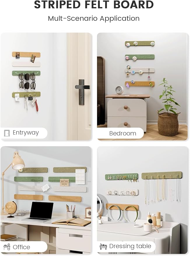 Cork Board Alternative Felt Strip Board 8-Pack 13"x2", Office Pin Board with 50 Push Pins, Adhesive Install for Bedroom Door & Home Office(Olive Grove)