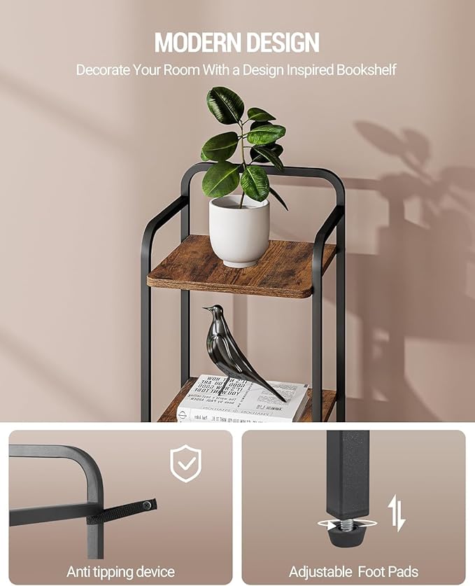 Bookcase Bookshelf, Narrow Book Shelf, Industrial Corner Shelf Storage Organizer, Slim Shelving Unit for Home Office, Living Room, Bedroom, Kitchen, 5-Tier Rustic Brown and Black BC24501B