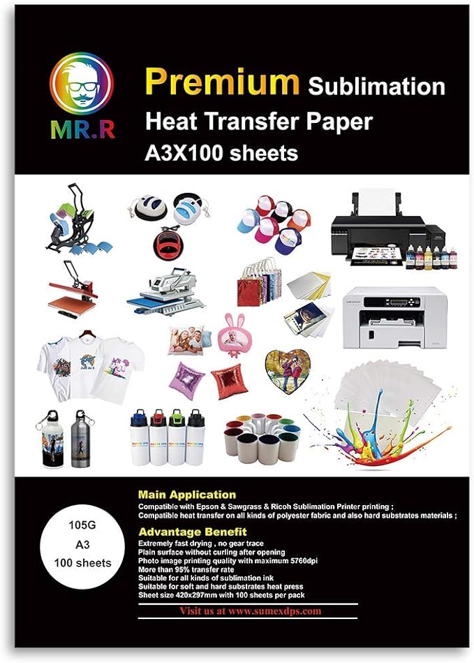MR.R Sublimation Heat Transfer Paper 105gsm 297mm x 420mm Pack of 100 Sheets Compatible with EPSON, SAWGRASS, RICOH, Brother Sublimation Printer
