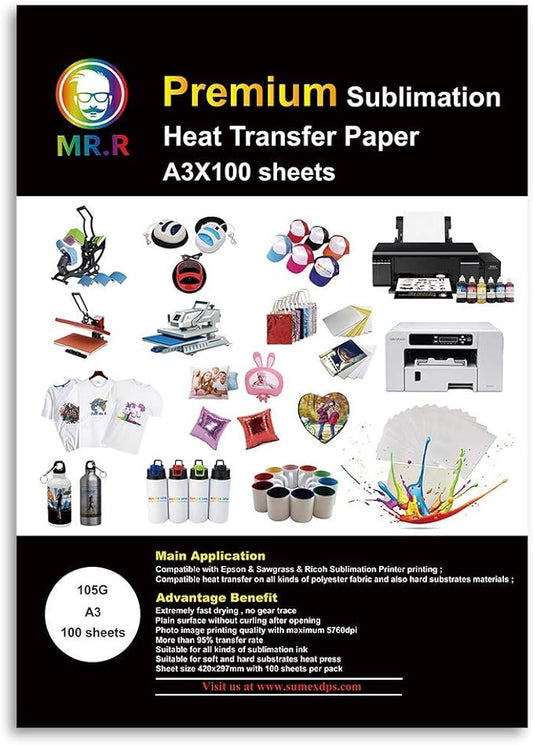 MR.R Sublimation Heat Transfer Paper 105gsm 297mm x 420mm Pack of 100 Sheets Compatible with EPSON, SAWGRASS, RICOH, Brother Sublimation Printer
