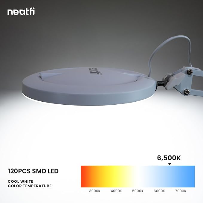 (New Model) Neatfi LED Magnifying Lamp with Clamp | 2.25x Magnification | 120 SMD LEDs | 1,200 Lumens | 12W | Adjustable Color Temperature Desk Lamp Magnifier (White, 5-Inch Lens, 5 Diopter)