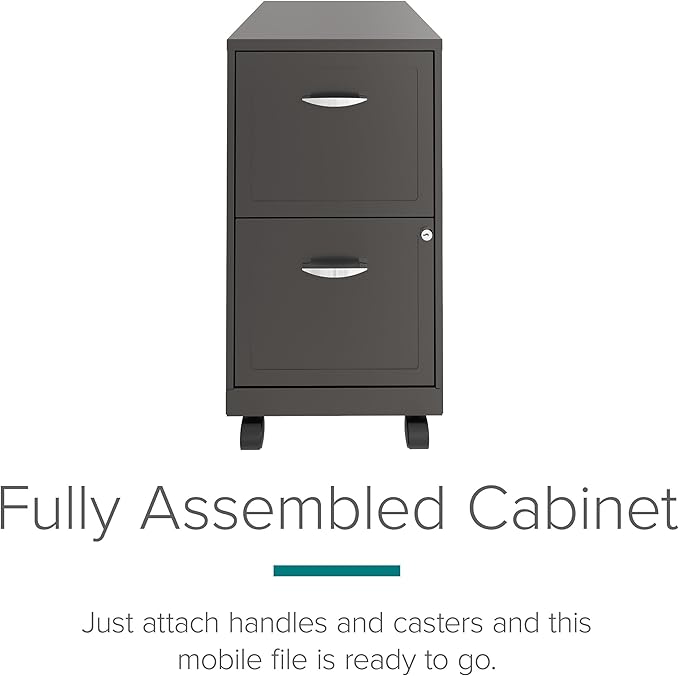 Space Solutions - 2 Drawer Fully Assembled Vertical Steel File Cabinet, Home & Small Office Use, Fits Under Most Desks, Letter-Size, Lock, Mobile, Metallic Charcoal