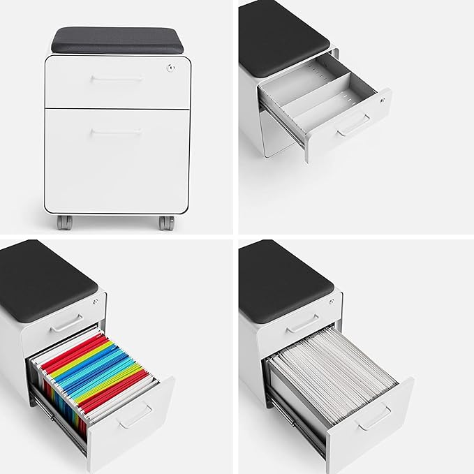 Poppin Mobile Mini Sittable Stow Rolling File Cabinet - White with Dark Gray Seat Cushion. Two Locking Drawers and One Key Lock. Two Keys Included. One Utility Drawer and One Hanging File Drawer