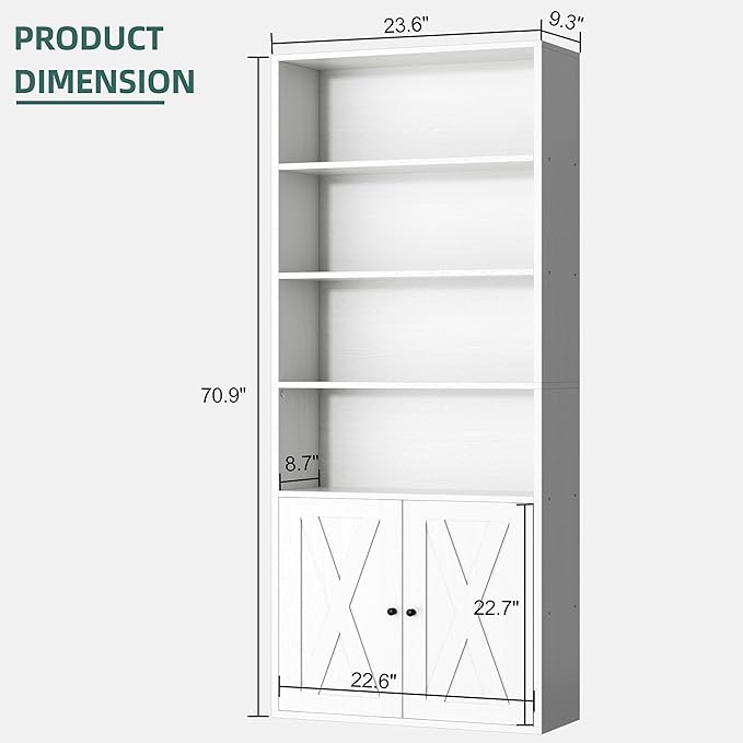 Shintenchi Bookshelf, Industrial Bookshelves and Bookcases with Doors Floor Standing 6 Shelf Display Storage Shelves 70.6 inches Tall Bookcase for Home Office, Living Room (White)