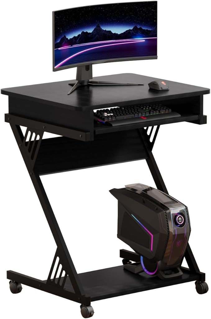 Zenira Small 24 Inch Tall Computer Desk with Drawers, Corner Gaming Desk for Bedroom, Home, Office, Black