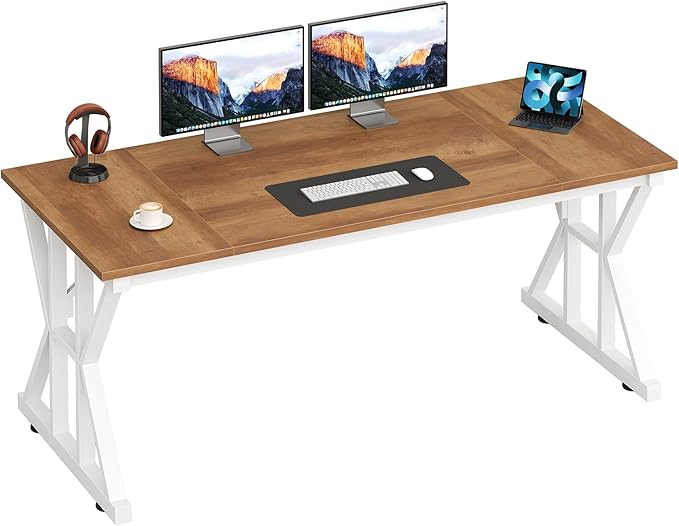 TVU Computer Desk, 55 inch Large Office Desk, Study Writing Table with Thicken Frame, Gaming Desk, Modern Simple Desk for Home Office, Brown