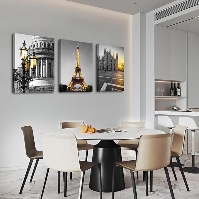 Black and white Architectural landscape Canvas Wall Art for Living Room kitchen Wall Artworks Bedroom Decoration, 3 Piece framed bathroom Home Wall decor posters Yellow Eiffel Tower wall painting