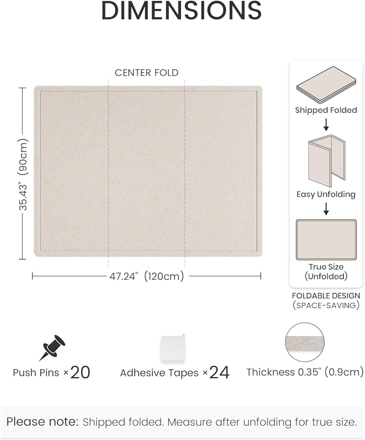 Fluxynara Large Bulletin Board, 47.2" x 35.4" Cork Board Alternative with 24 Safe Removable Adhesive Tabs, Foldable Felt Pin Board for Home Office, Classroom, Bedroom,Entryway for Walls— Oatmeal