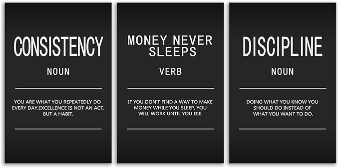Inspirational Canvas Office Print Wall Art Consistency Discipline Noun Motivational Picture Money Never Sleeps Verb Poster Painting Inspiring Artwork Home Office Living Room Wall Decor[48" W X 24" H]