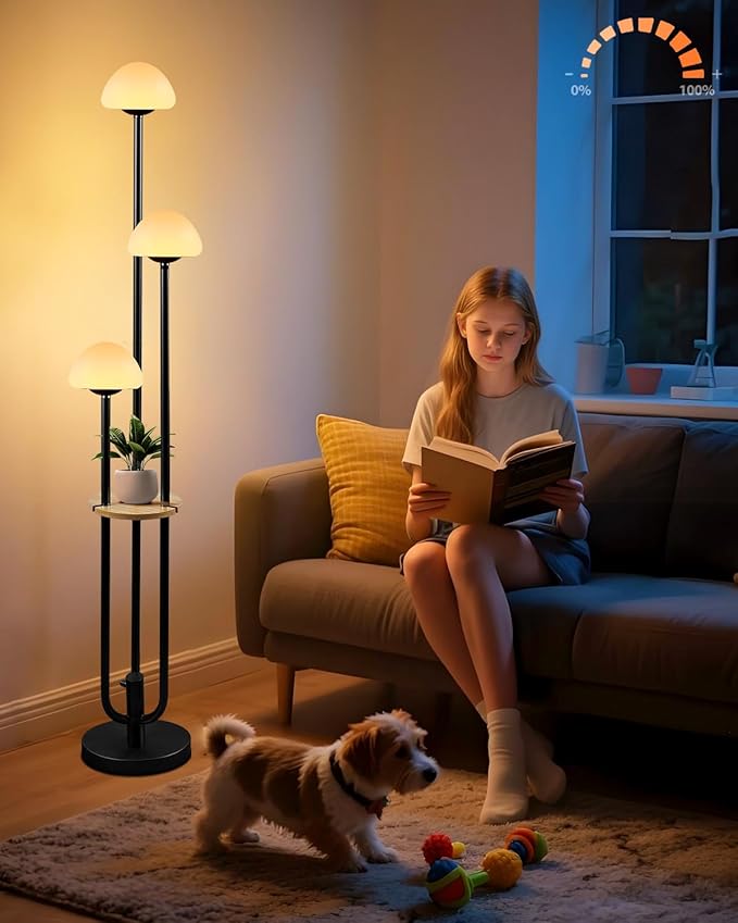 Black Dimmable Floor Lamp with Table, Modern Floor Lamps for Living Room, 3000K Warm Lights Tall Standing Lamp with Mushroom Shades & Bulbs for Bedroom/Office
