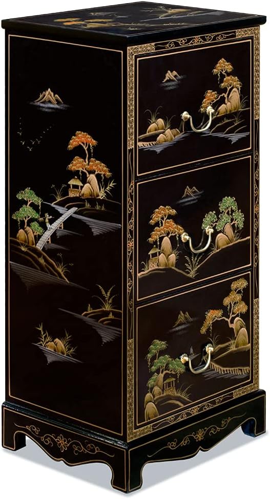 ChinaFurnitureOnline Black Lacquer Chinoiserie Scenery Motif 3 Drawer Oriental File Cabinet