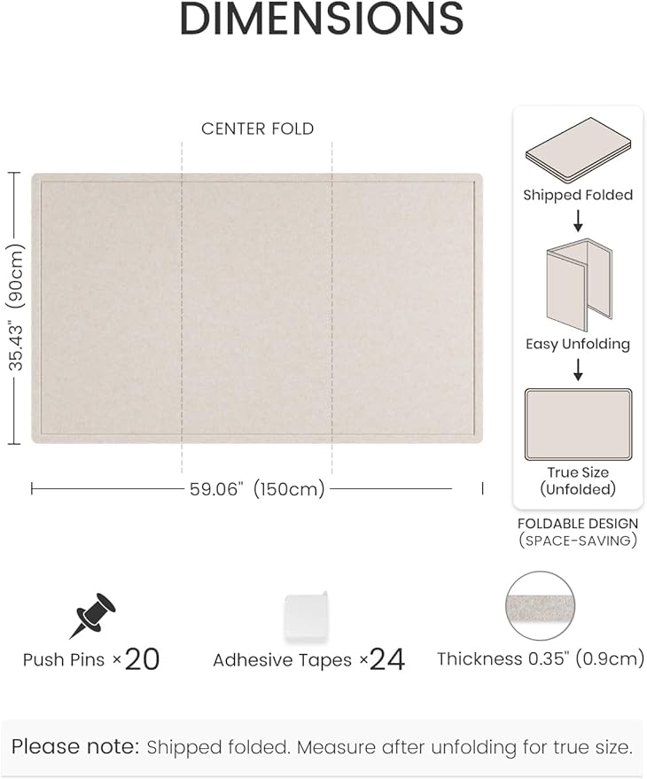 Fluxynara Large Bulletin Board, 59" x 35.4" Cork Board Alternative with 24 Safe Removable Adhesive Tabs, Foldable Felt Pin Board for Home Office, Classroom, Bedroom,Entryway for Walls— Oatmeal