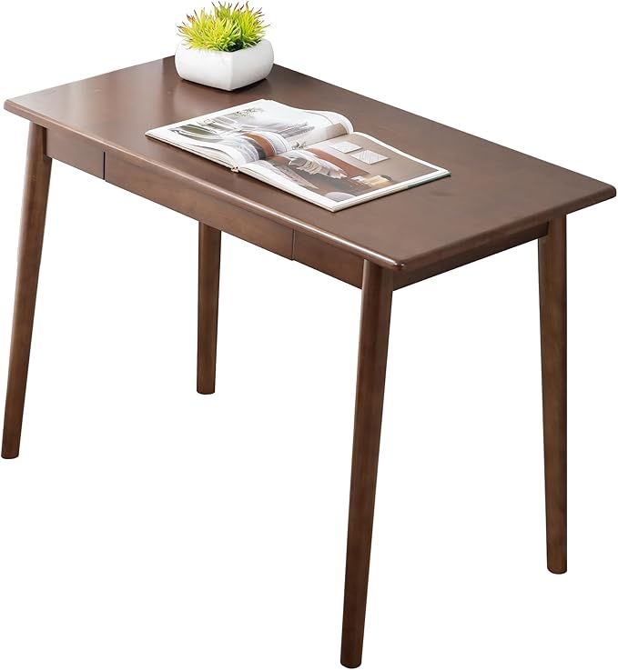 Solid Wood Desk with Drawers, Wooden Computer Desk for Home Office, Gaming Study Desk for Small Spaces, Writing Work Desk for Bedroom,Easy Assembly (Walnut Color 39.4 inch)