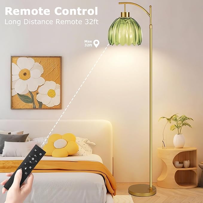 Glass Floor Lamp for Living Room,Bedroom,Gold Mid Century Modern Standing Lamp with Remote,Dimmable Brass Tall Lamp Vintage Tulip Green Arc Flower Floor Light Boho Bohemian
