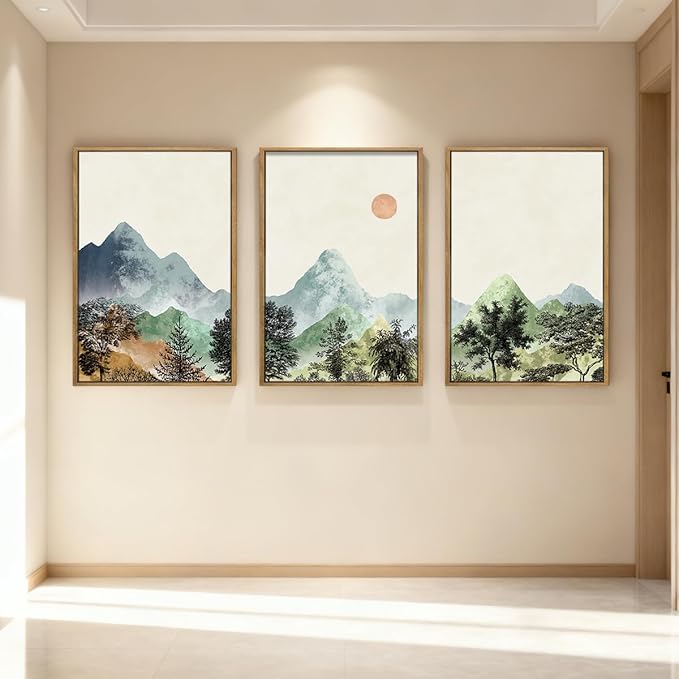 ANHUIB Mountain Wall Art 16x24 Inch Watercolor Landscape Wall Decor Sun Forest Painting Minimalist Pine Tree Artprint Nature Illustration Set of 3 for Living Room Dining Room Office