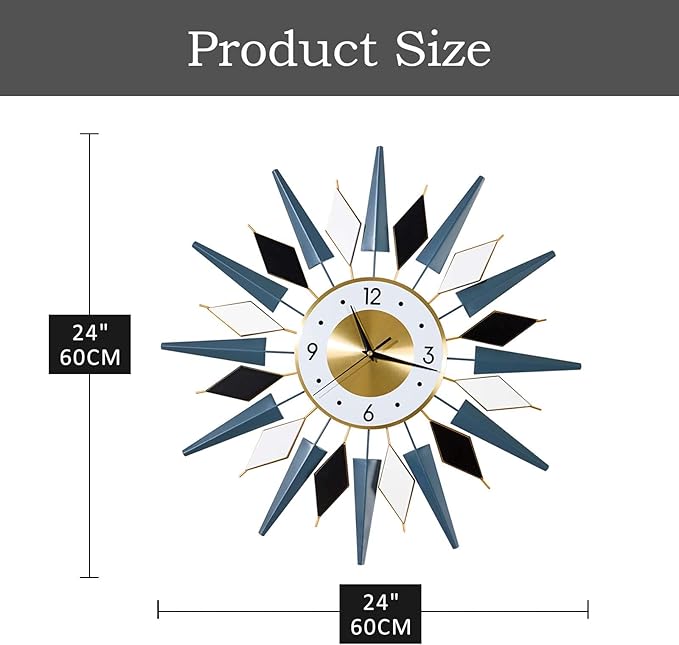 24 Inch Modern Metal Wall Clock Unique Design, Large Silent Battery Operated Non Ticking, Wall Clock for Living Room Kitchen Office Decor