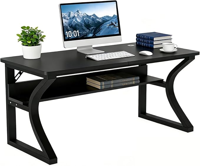 47 inch Computer Desk, Home Office Desk with Storage Shelf, Sturdy U-Shaped Metal Frame Study Table with Cable Management, Gaming Desk for Office & Bedroom