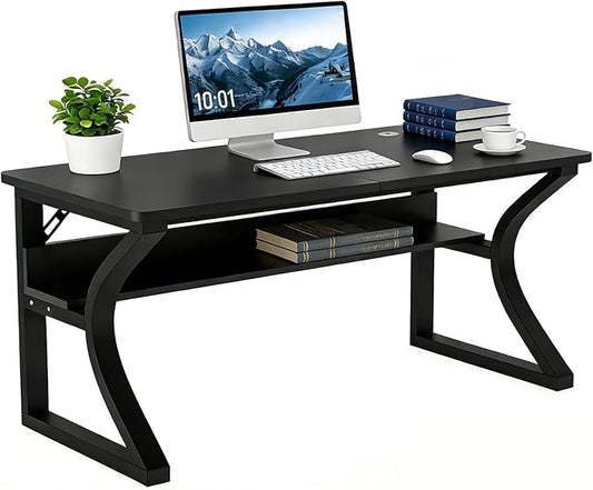 47 inch Computer Desk, Home Office Desk with Storage Shelf, Sturdy U-Shaped Metal Frame Study Table with Cable Management, Gaming Desk for Office & Bedroom