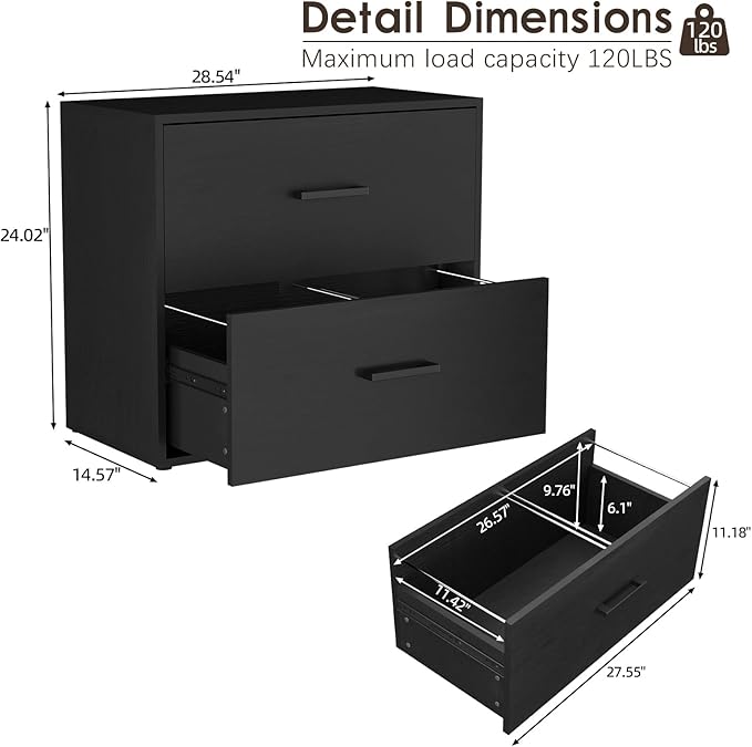 2 Drawer Lateral File Cabinet, Printer Stand Black Filing Cabinets for Home Office and School, Wood Rattan File Cabinet for Hanging Files/Letter/Legal Size, Black
