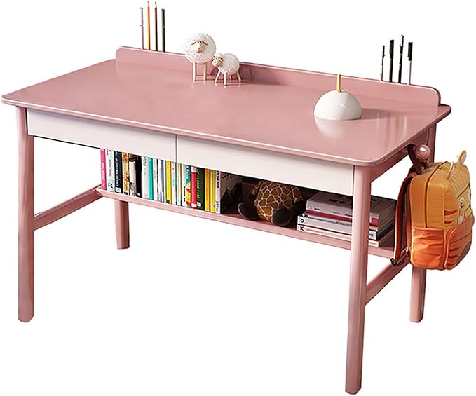 SAZDFY Solid Wood Home Office Desk Workstation, Writing Desk with 2 Drawer and Shelves,Mid Century Modern Computer Desk PC Study Table for Small Spaces(80x60x75cm(31x24x29in), Pink1)