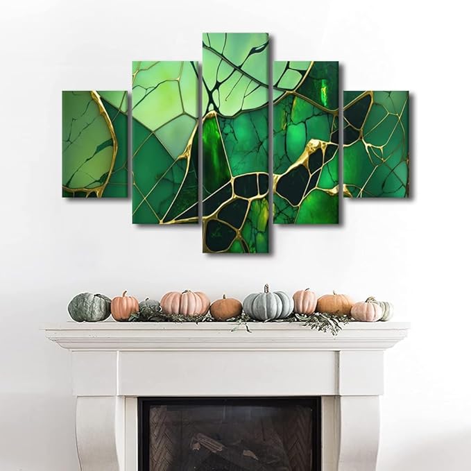 Abstract Canvas Wall Art Decor Modern Office Wall Art Green Colorful Glass Window Abstract Poster Prints 5 Panel Wall Art for Men Lady Living Room Decor Strethched and Framed Ready to Hang 60x40 in