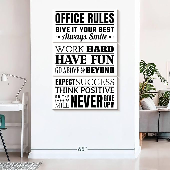 Elephant Stock - Fun Office Rules Wall Art - Vertical Multi Panel Canvas - 3 Piece Living Room Wall Decor - Digital Art Inspirational And Typography Multi Piece Wall Art - White And Black Decor - 48" x 74"