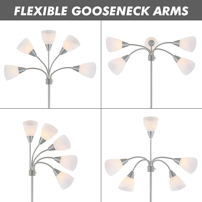 Medusa Modern Decor Floor Lamp, 5 Head Adjustable Gooseneck Lamps for Reading, White Shades Multiple Tall Standing Lamps for Living Room Bedroom Office Kids Classroom, Silver, Bulbs Included
