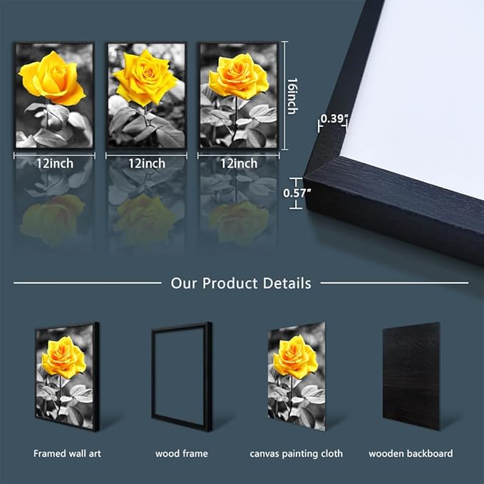 Black Framed Wall Art For Bedroom Living Room Wall Decor For Kitchen Office Decor Black And White Artwork Pictures Yellow Rose Flowers Print Frame Wall Painting Modern Room Home Decoration 3 Piece