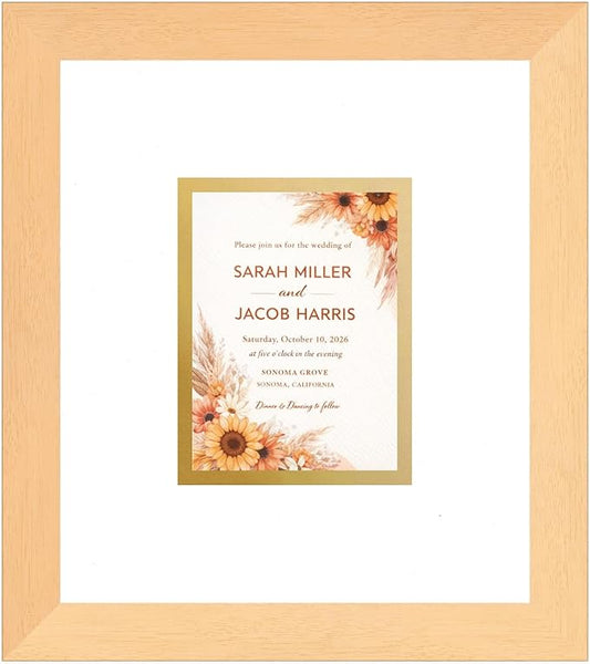 Poster Palooza Wedding Invitation Display Frame 10x11.25 in Natural With White and Metallic Gold Double Mat for 4.25x5.5 A2 Keepsake | USA Made