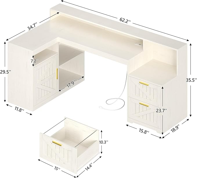 TVU Farmhouse L Shaped Desk with Drawers, 62.2" Home Office Desk with Storage Shelves and Power Outlet, L Shaped Computer Desk with Monitor Stand and Printer Shelf, White