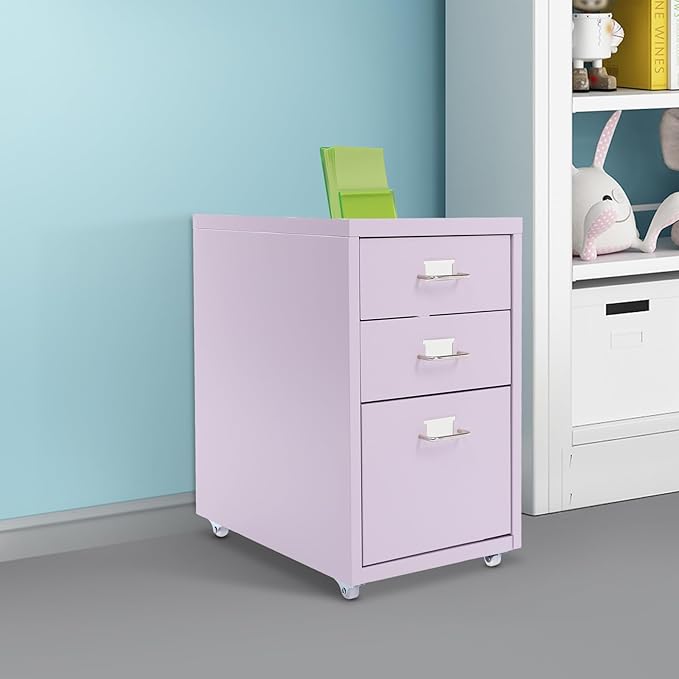 Filing Cabinet with 3 Drawers, Mobile Filing Cabinet with Practical Label Slot, 16 * 11 * 18.9 in Metal Storage Cabinet with Wheels for Home and Office (Purple)