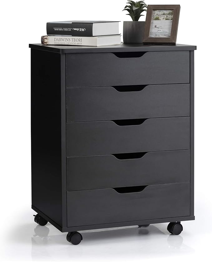 5 Drawers File Storage Cabinet, 26.5" Vertical Filling Cabinet for Home Office, Under Desk Office Drawer Organizer, Universal & Lockable Casters, Rolling Printer Storage Rack (Black)