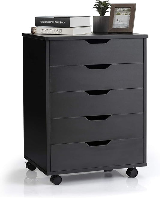 5 Drawers File Storage Cabinet, 26.5" Vertical Filling Cabinet for Home Office, Under Desk Office Drawer Organizer, Universal & Lockable Casters, Rolling Printer Storage Rack (Black)