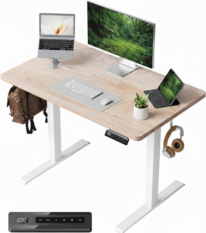 CubiCubi 32 x 20 Inches Small One-Piece Standing Desk, Adjustable Height Electric Computer Sit Stand up Home Office Workstation, with 4 Memory Presets, Headphone Hook, Pure Maple