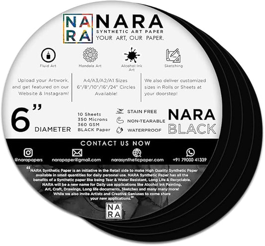 NARA Alcohol Ink Paper | Black | 6” Diameter Circle | 350 microns/360 GSM | 10 Sheets | Medium+ Paper | Paper for Alcohol Ink Art Painting | 100% Stain-Free