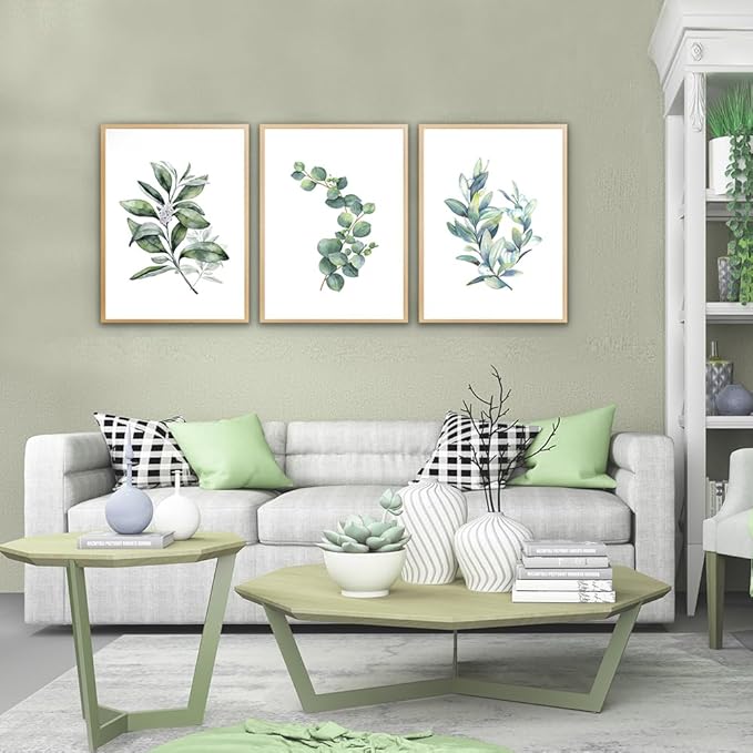 Hyidecorart Wood Framed Wall Art - Large Green Leaves Wall Paintings Set Of 3 Piece Framed Prints For Living Room, Bedroom, Office, Kitchen