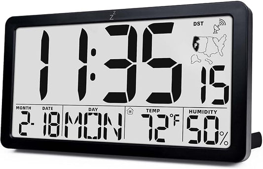 TXL Atomic Digital Wall Clock, Battery Operated with Temperature & Humidity, Auto DST, Date & Weekday, Easy Set Alarm, for Living Room, Bedroom, Office & Classroom (Black)