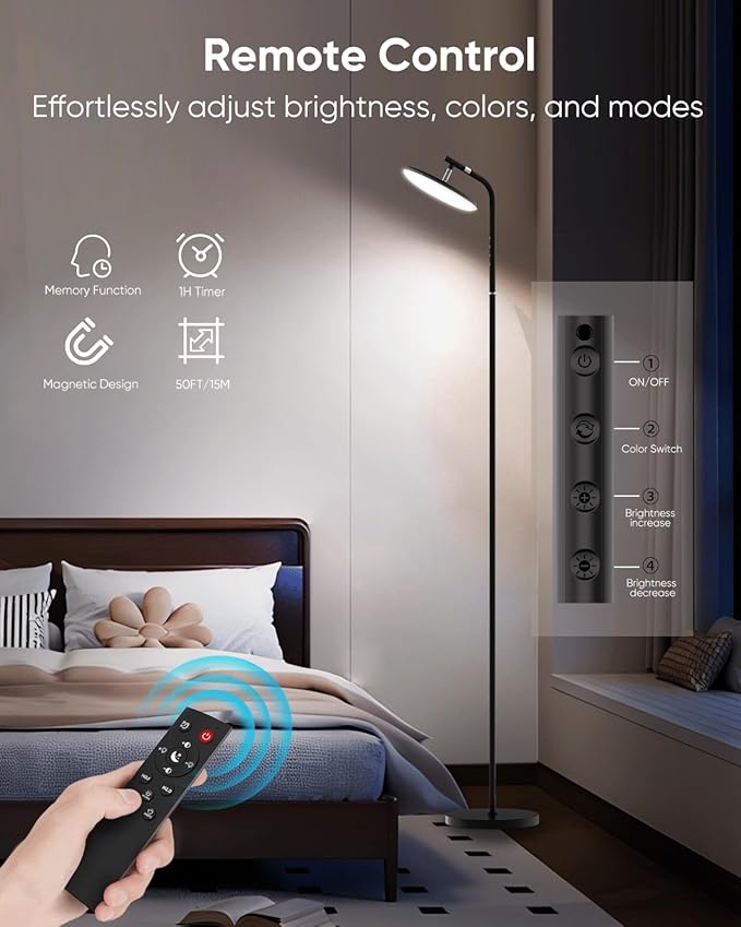 LED Floor Lamp, 36W Super Bright Standing Lamp with Remote & Touch Control, 69" Stepless Dimmable Torchiere Tall Lamp, 350° Rotating Head Floor Lamp for Bedroom, Living Room, Office, Black