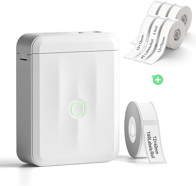 NIIMBOT Label Maker Machine Bluetooth Label Printer for School Home Office Organization, Wireless Mini Labeler D110 Upgraded Version, Label Machine with 6 Roll 12X75mm Label Tapes, White