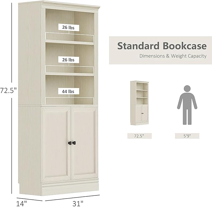 JAHRSTIM Halston Standard with Doors Bookshelves and Bookcase Floor Standing 5 Tier Adjustable Shelves Organizer and Storage, 72in Tall Bookshelf for Home Office, Living Room, Bed Room, Kitchen, Cream