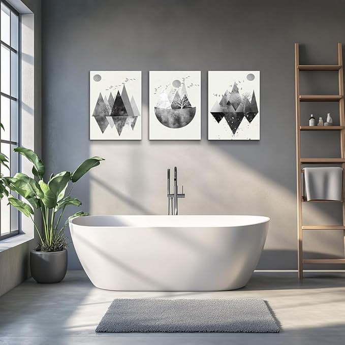 Black and white Abstract canvas Wall Art for living room Canvas Prints Artwork bathroom Wall Decor Abstract Mountain geometric Watercolor painting 3 Pieces Framed bedroom wall decorations Home Decor