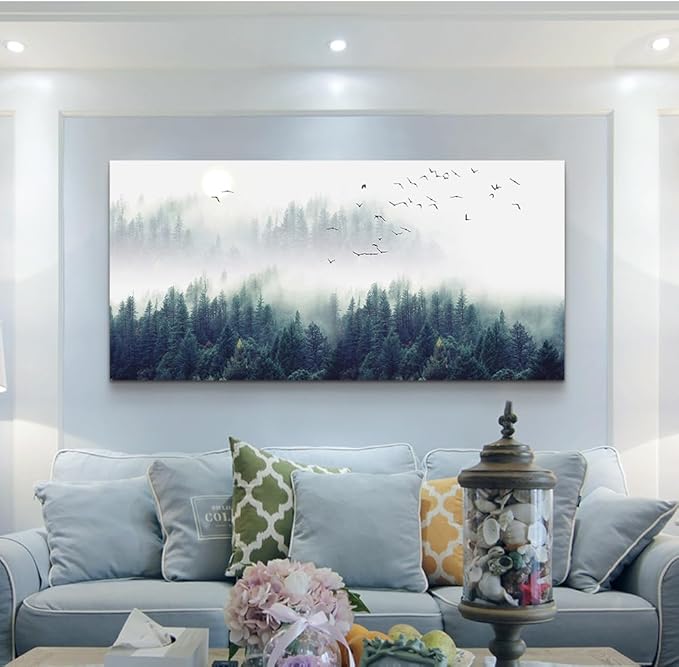 Wapluam Large Canvas Wall Art - Fog Forest View - Bedroom, Living Room, Office Decor - Stretched & Framed - Modern Home Art - 60 x 30
