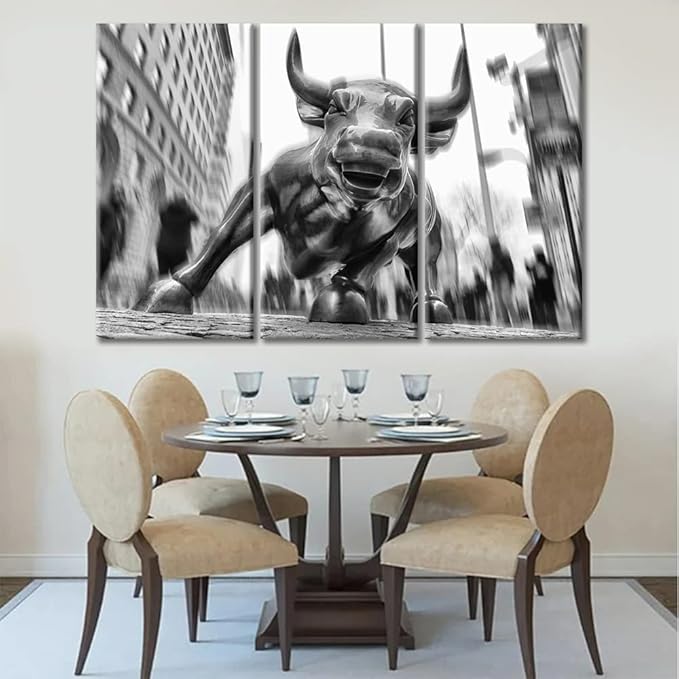 TUMOVO Black and White Wall Art 3 Panels Charging Bull Picture Print on Canvas Art for Home Bedroom Living Room Office Decor Modern Artwork With Wood Framed Ready to Hang - 42" Wx28 H
